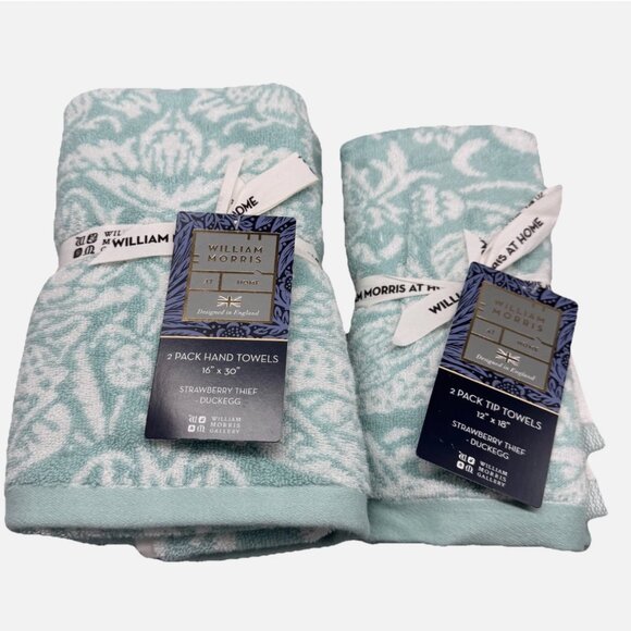 6 Pc William Morris STRAWBERRY THIEF Floral Bath Hand Tip Towel Set Turquoise - Picture 10 of 16